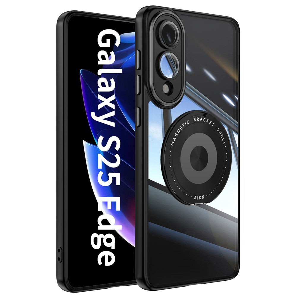 For Samsung Galaxy S25 Edge Magnetic Case PC + TPU Phone Cover with Rotating Metal Kickstand, Lens Protector