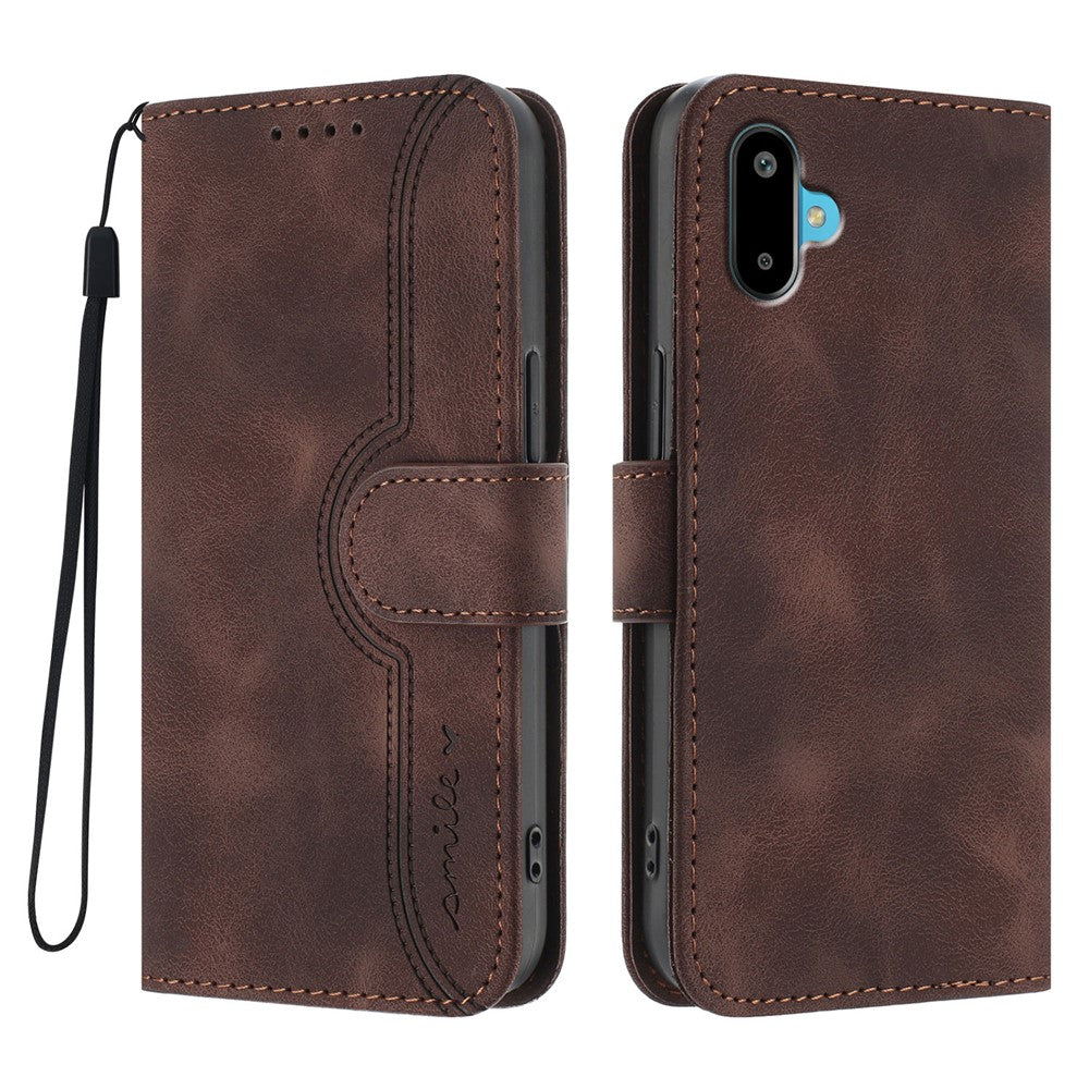 For Samsung Galaxy M06 5G / Galaxy F06 5G Leather Case Wallet Stand Smile Imprinted Phone Cover with Strap
