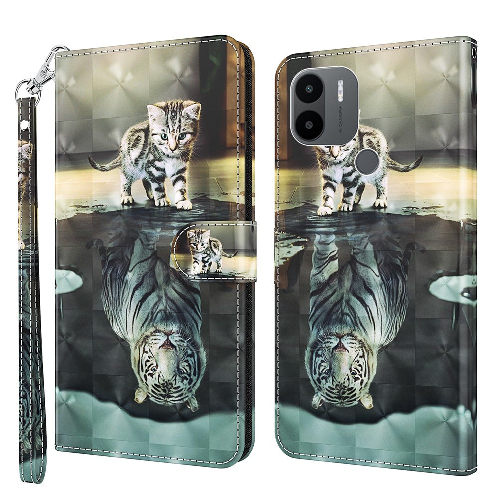 For Xiaomi Redmi A1 4G / A2 4G 3D Pattern Printing Wallet Phone Case PU Leather Wrist Strap Handbag Stand Feature Magnetic Flip Cover