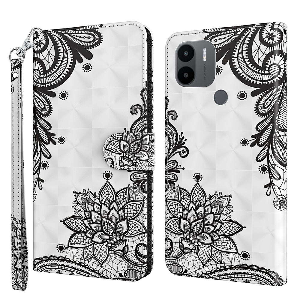 For Xiaomi Redmi A1 4G / A2 4G 3D Pattern Printing Wallet Phone Case PU Leather Wrist Strap Handbag Stand Feature Magnetic Flip Cover