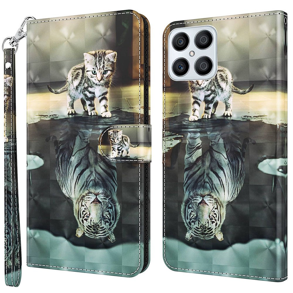 For Honor X8 4G PU læder Folio Flip Tegnebog Telefon Etui Stativfunktion 3D Kreativt Mønster Trykt Design Fuld Beskyttende Cover med Rem