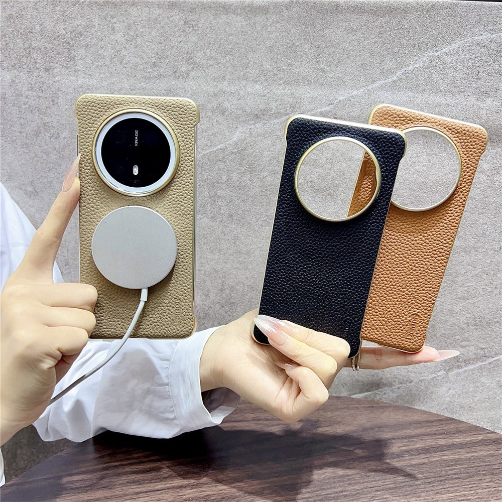 For Huawei Mate 70 Magnetic Case Litchi Texture Genuine Cow Leather + PC Boardless Phone Cover