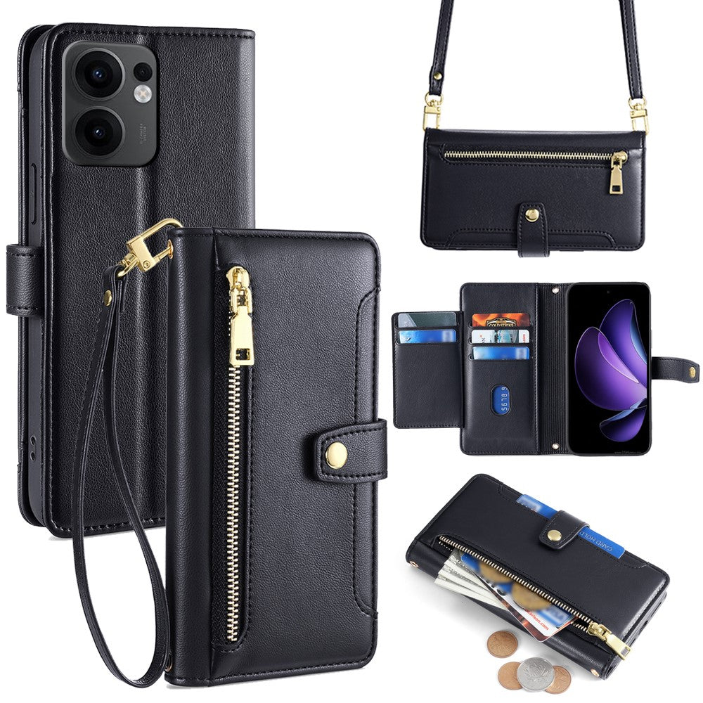 Oppo Reno13 F 5G (Reno 13 FS 5G) / 4G-etui med lynlås, pung, lædermobilcover med 2 remme