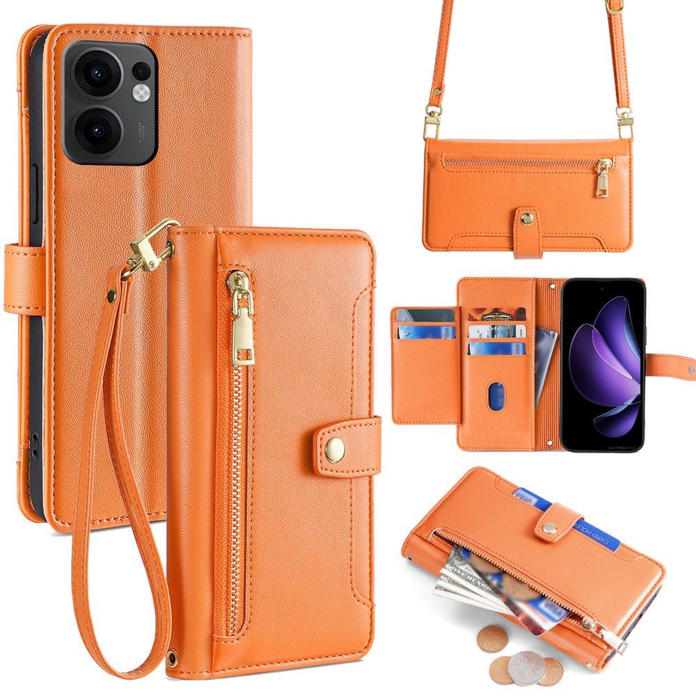 Oppo Reno13 F 5G (Reno 13 FS 5G) / 4G-etui med lynlås, pung, lædermobilcover med 2 remme