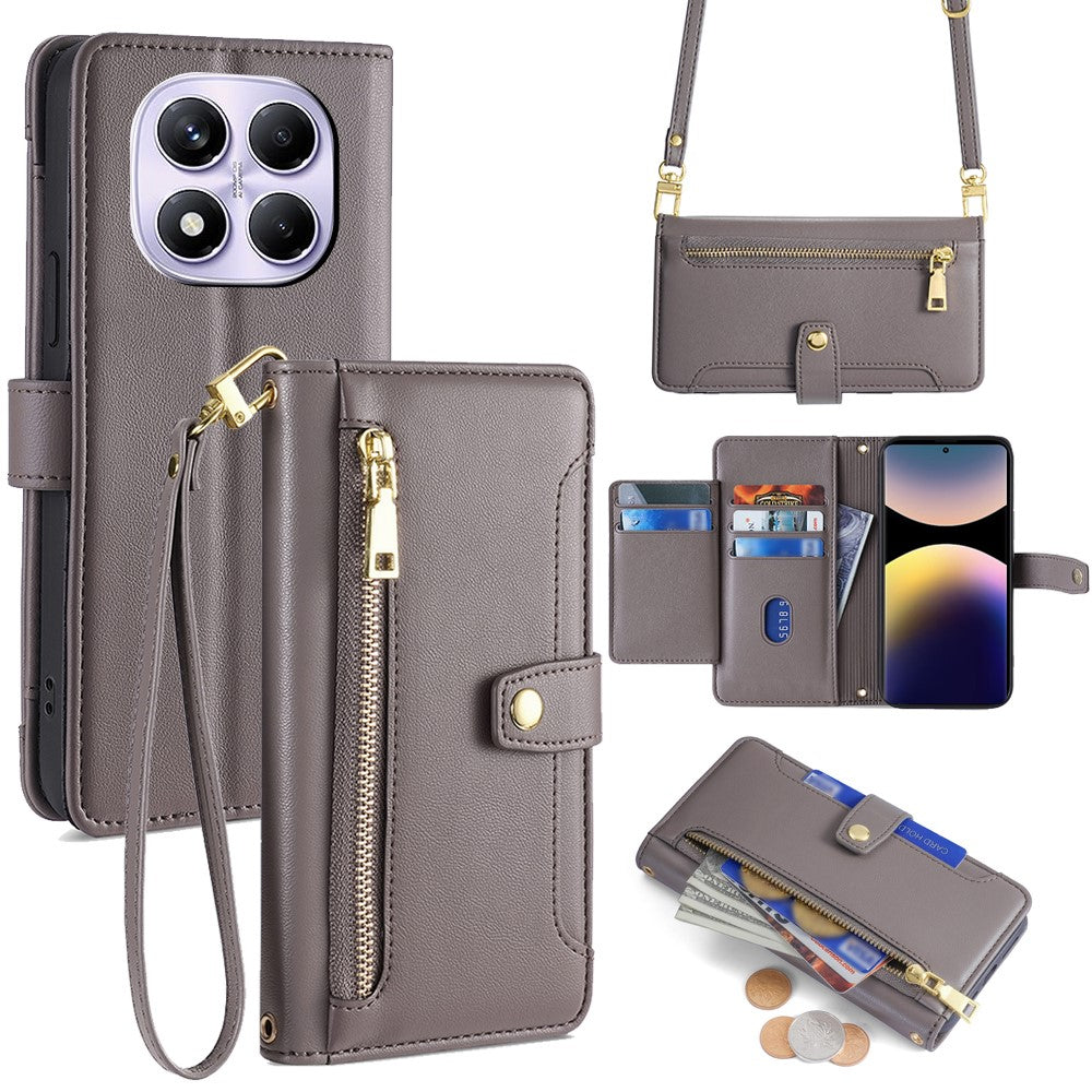 For Xiaomi Redmi Note 14 Pro 4G Case Zipper Pocket Wallet Leather Phone Cover with 2 Straps