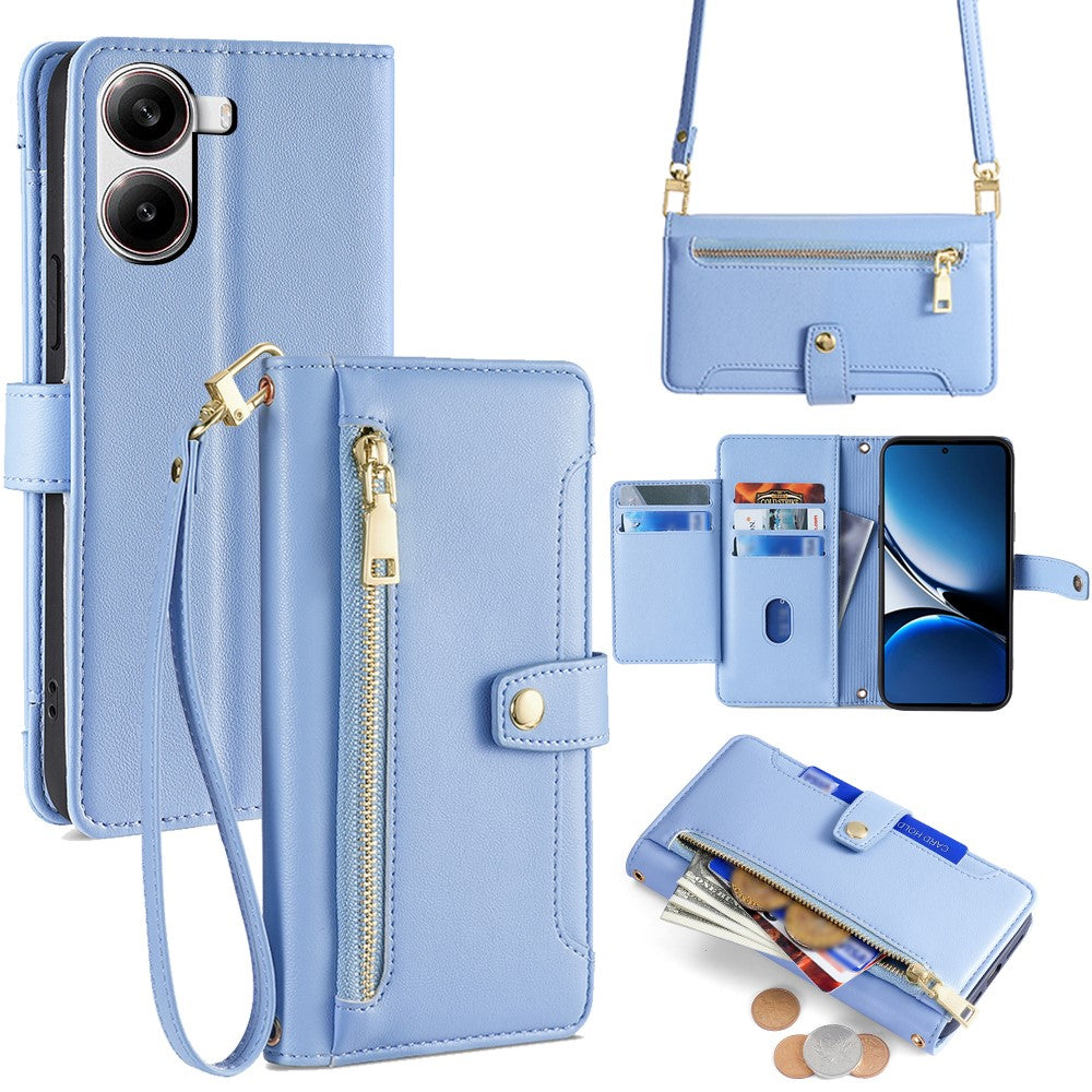 For Xiaomi Redmi Turbo 4 5G / Poco X7 Pro 5G Case Zipper Pocket Wallet Leather Phone Cover with 2 Straps