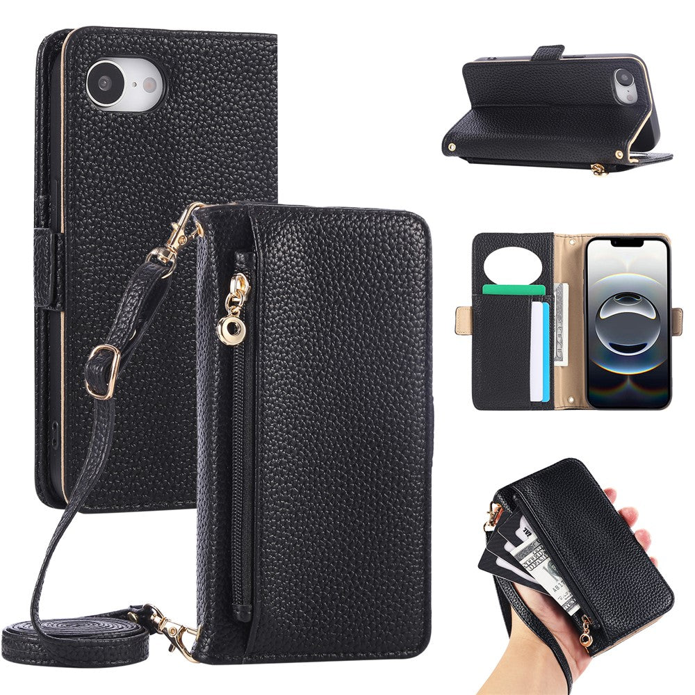 For iPhone 17th / 16th Wallet Phone Case Shockproof TPU+PU Leather Flip Cover with Mirror, Strap