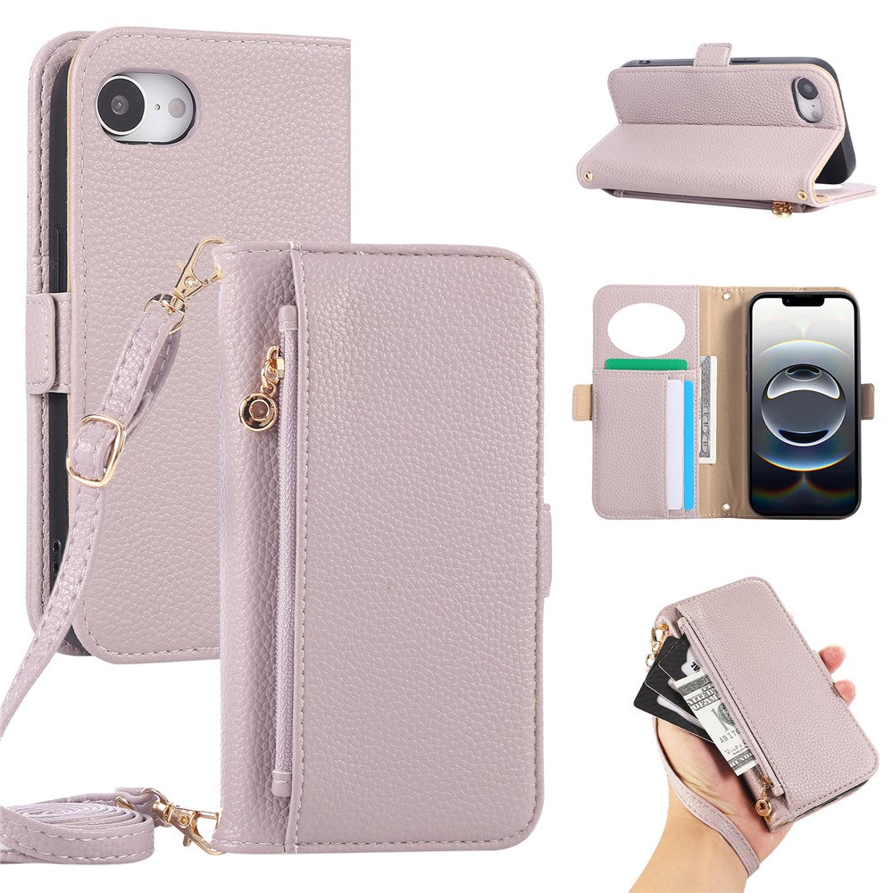 For iPhone 17th / 16th Wallet Phone Case Shockproof TPU+PU Leather Flip Cover with Mirror, Strap