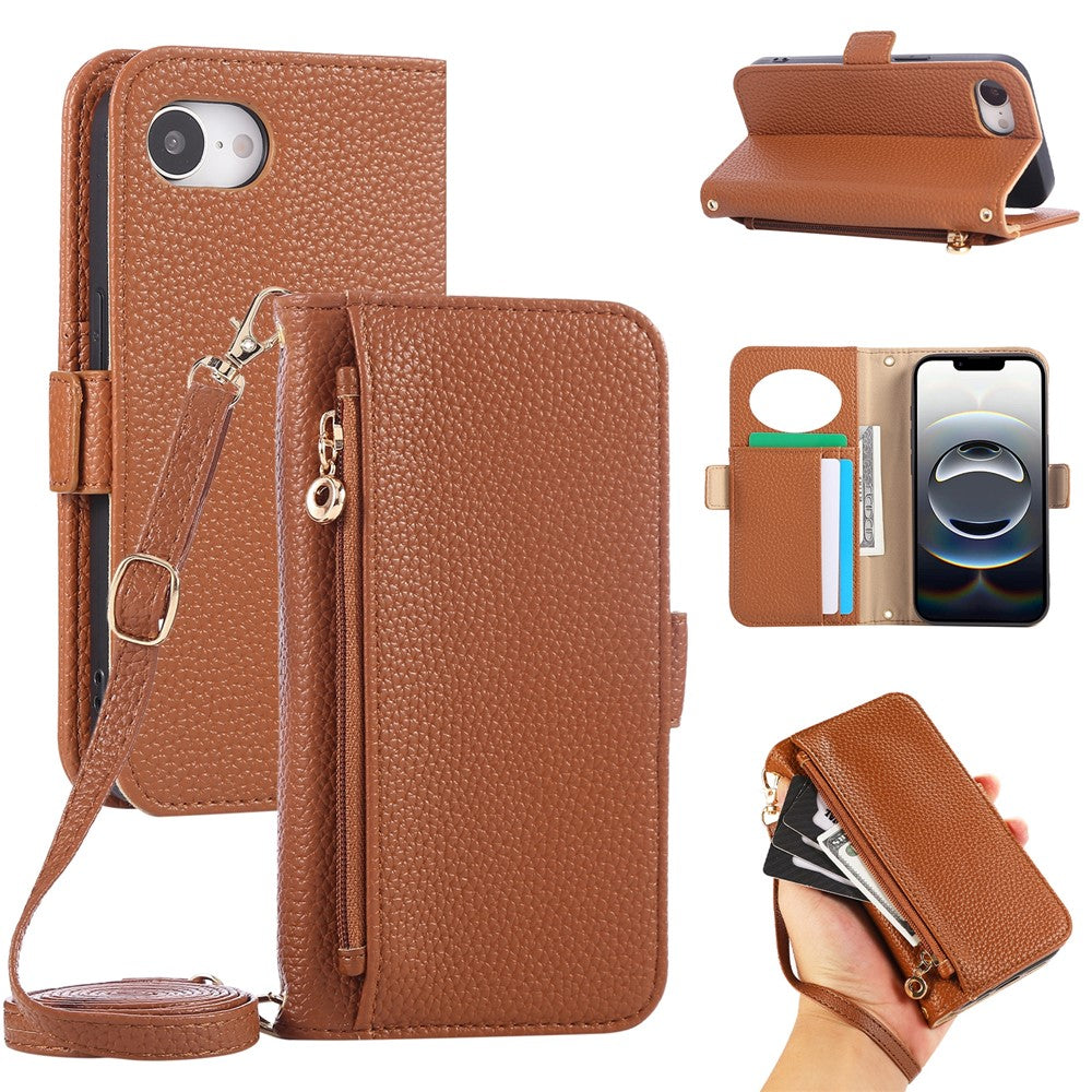 For iPhone 17th / 16th Wallet Phone Case Shockproof TPU+PU Leather Flip Cover with Mirror, Strap