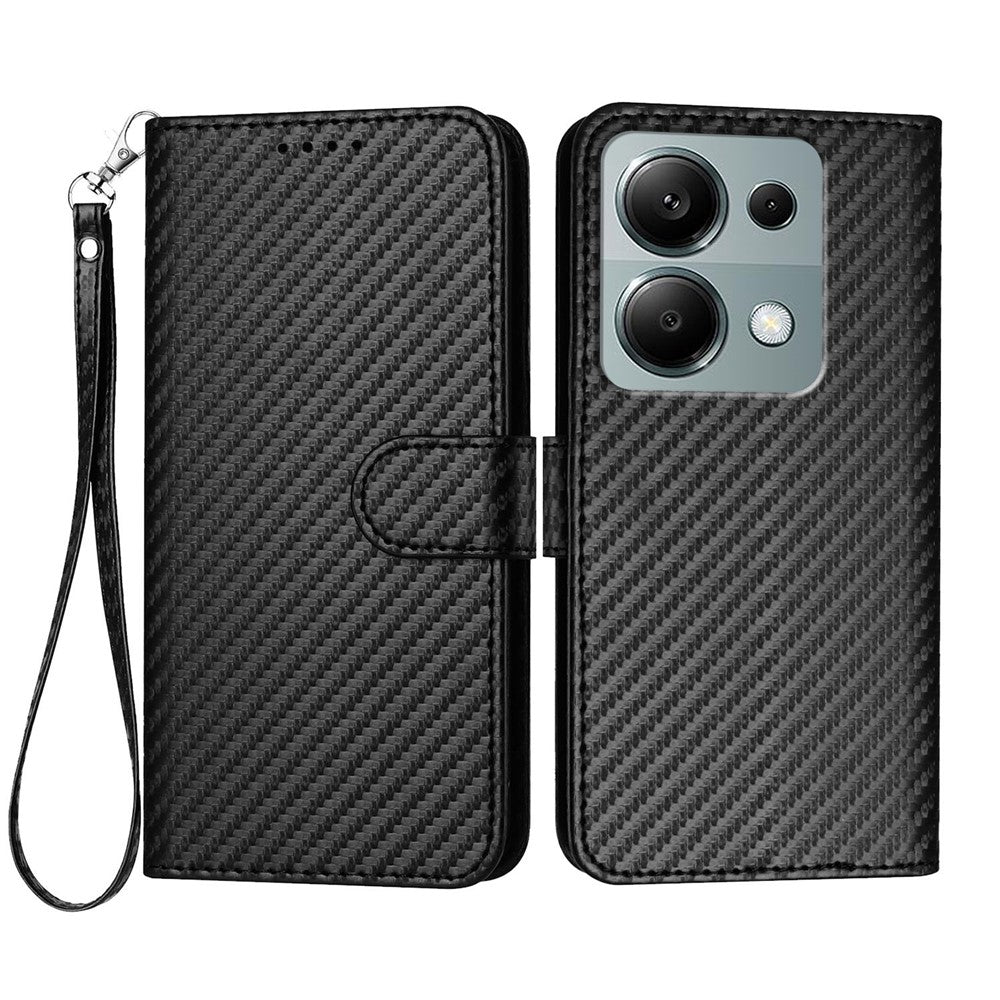 For Xiaomi Poco M6 Pro 4G / Xiaomi Redmi Note 13 Pro 4G Wallet Case with Strap Carbon Fiber Texture Leather Mobile Cover