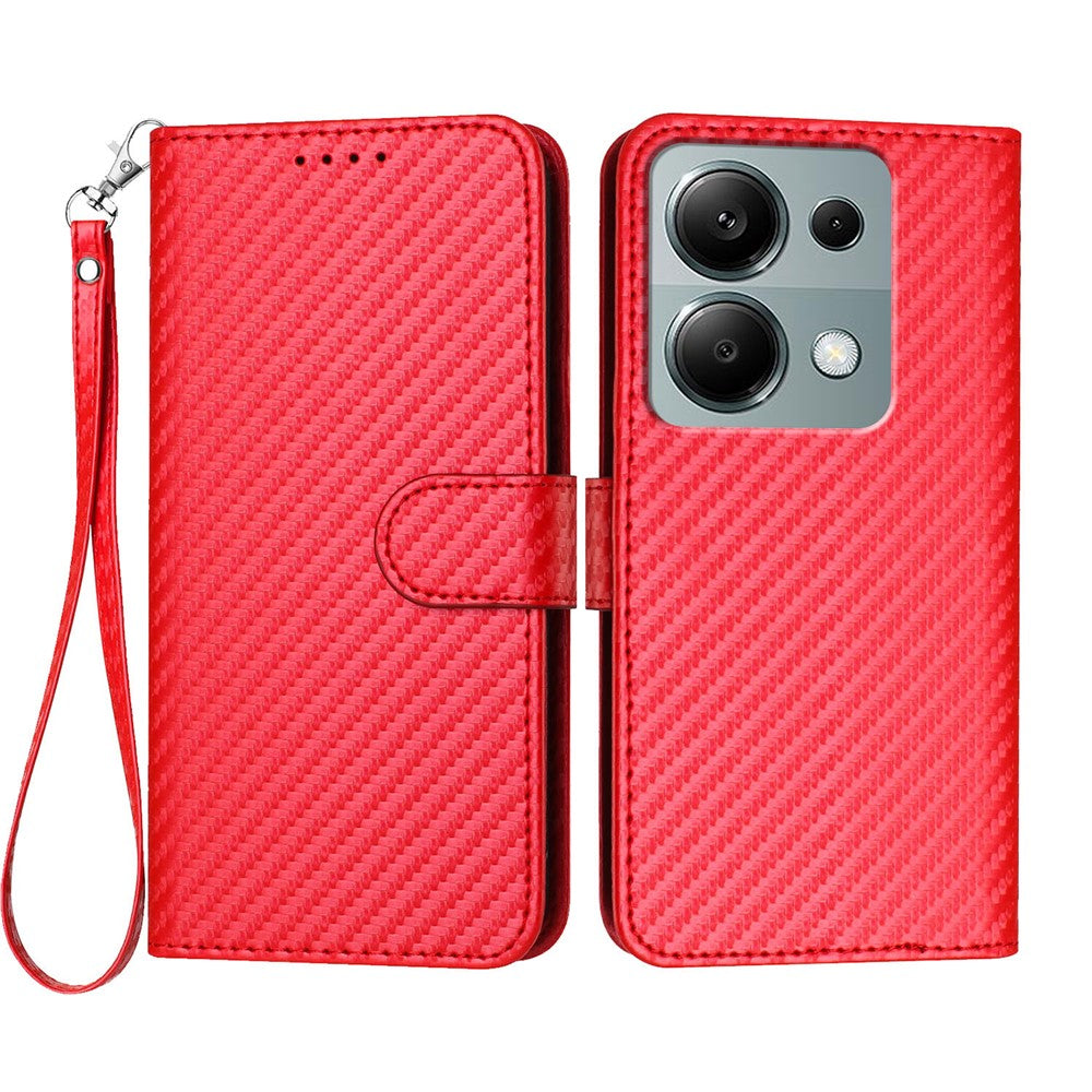 For Xiaomi Poco M6 Pro 4G / Xiaomi Redmi Note 13 Pro 4G Wallet Case with Strap Carbon Fiber Texture Leather Mobile Cover