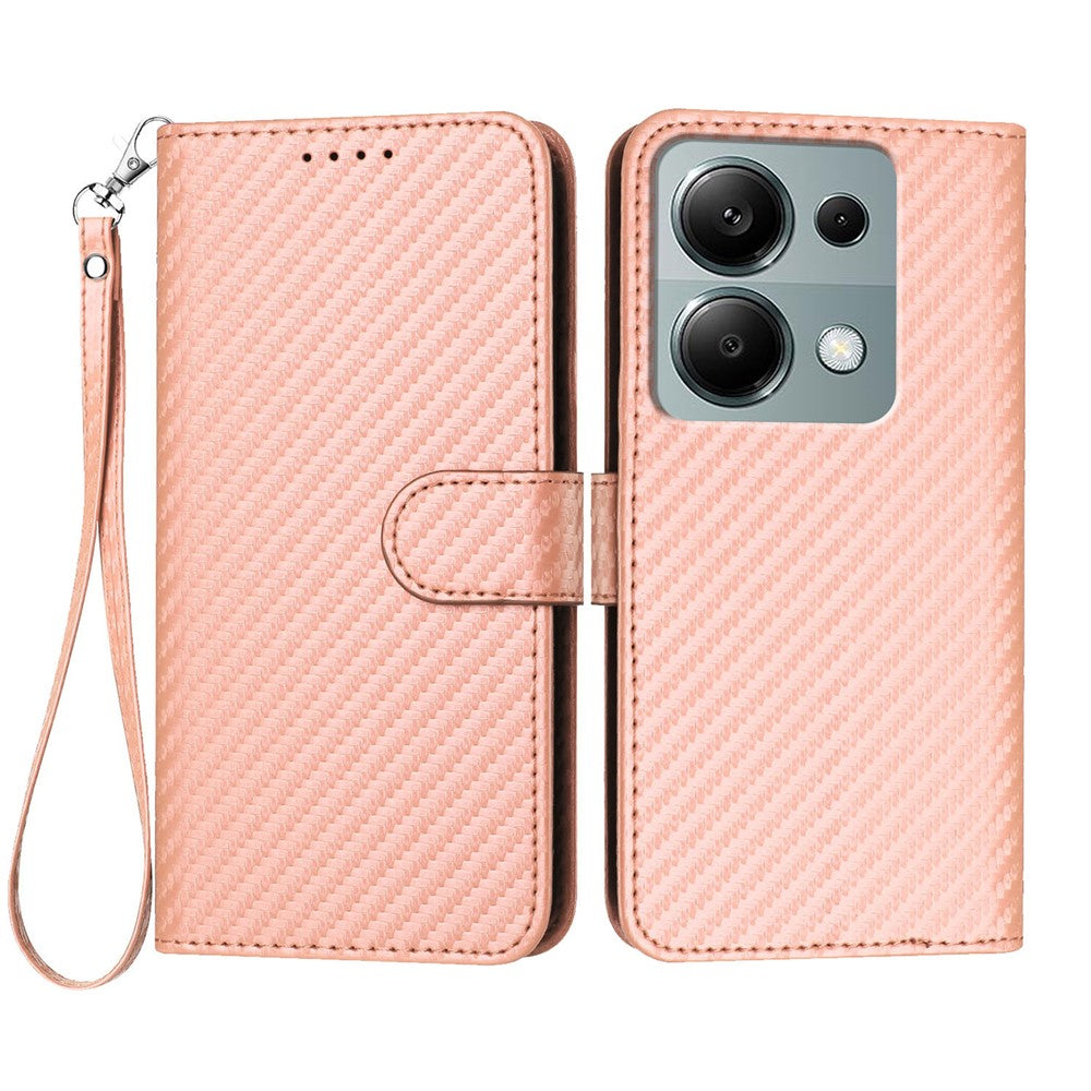 For Xiaomi Poco M6 Pro 4G / Xiaomi Redmi Note 13 Pro 4G Wallet Case with Strap Carbon Fiber Texture Leather Mobile Cover