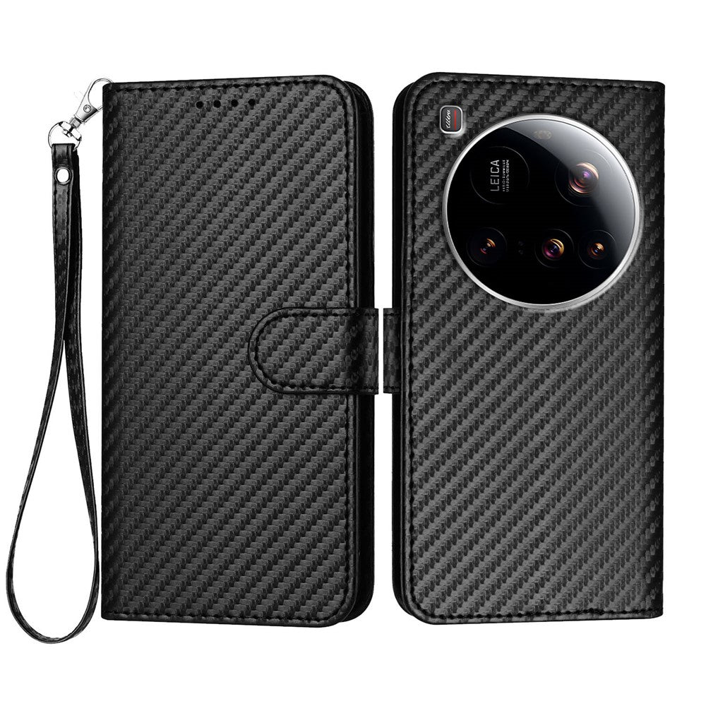 For Xiaomi 15 Ultra Wallet Case with Strap Carbon Fiber Texture Leather Mobile Cover