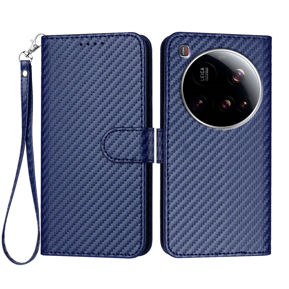 For Xiaomi 15 Ultra Wallet Case with Strap Carbon Fiber Texture Leather Mobile Cover