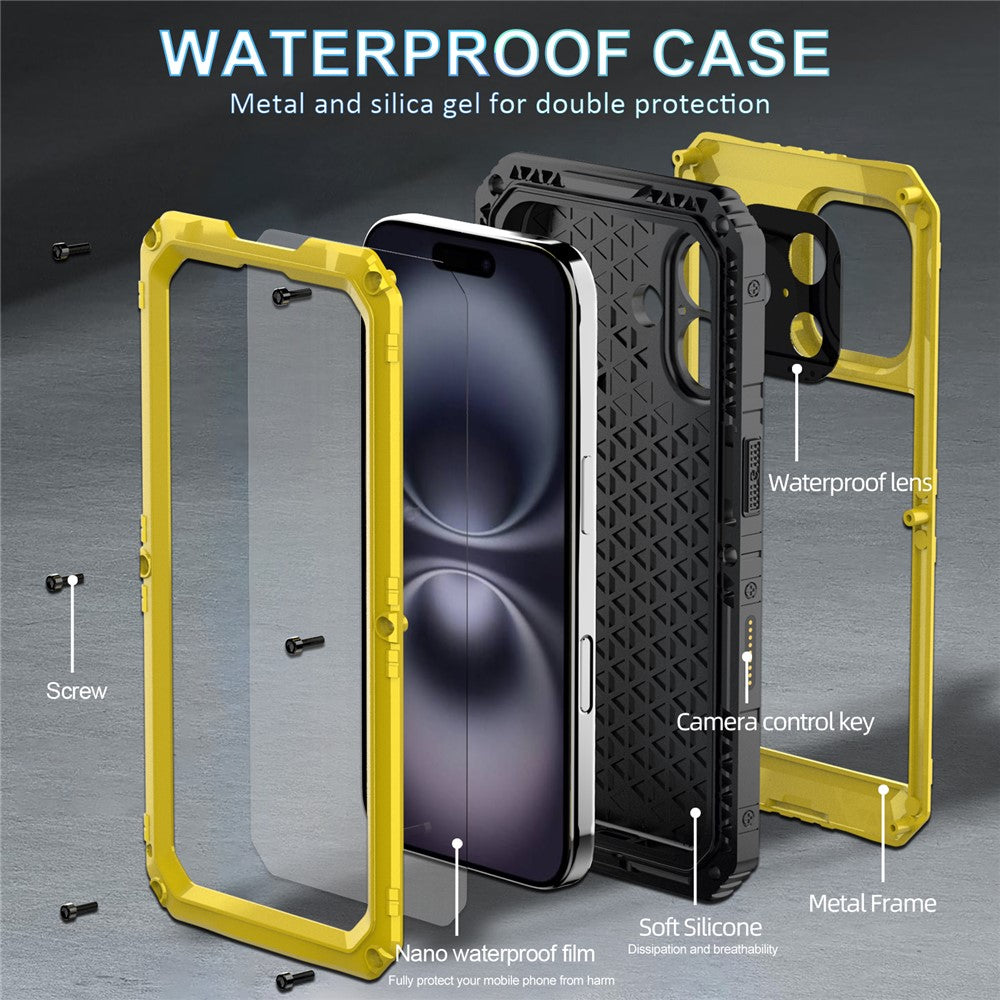 IP68 Waterproof Phone Case for iPhone 16 Metal + Silicone Cover with Screen Protector