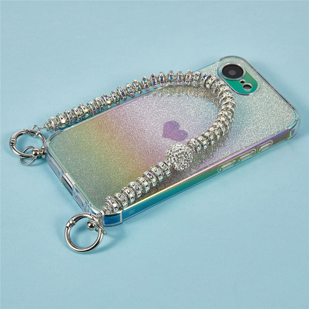Til iPhone 17e / 16e cover, hjerteglimmer gradient TPU telefonbagcover med rhinstensrem