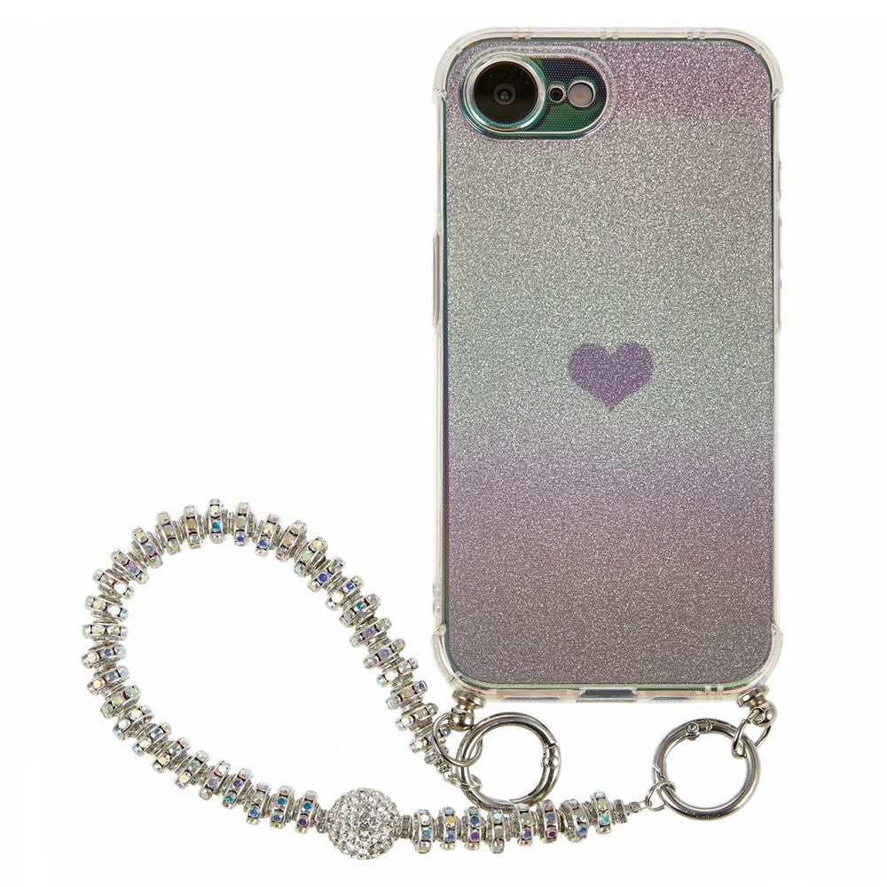 Til iPhone 17e / 16e cover, hjerteglimmer gradient TPU telefonbagcover med rhinstensrem