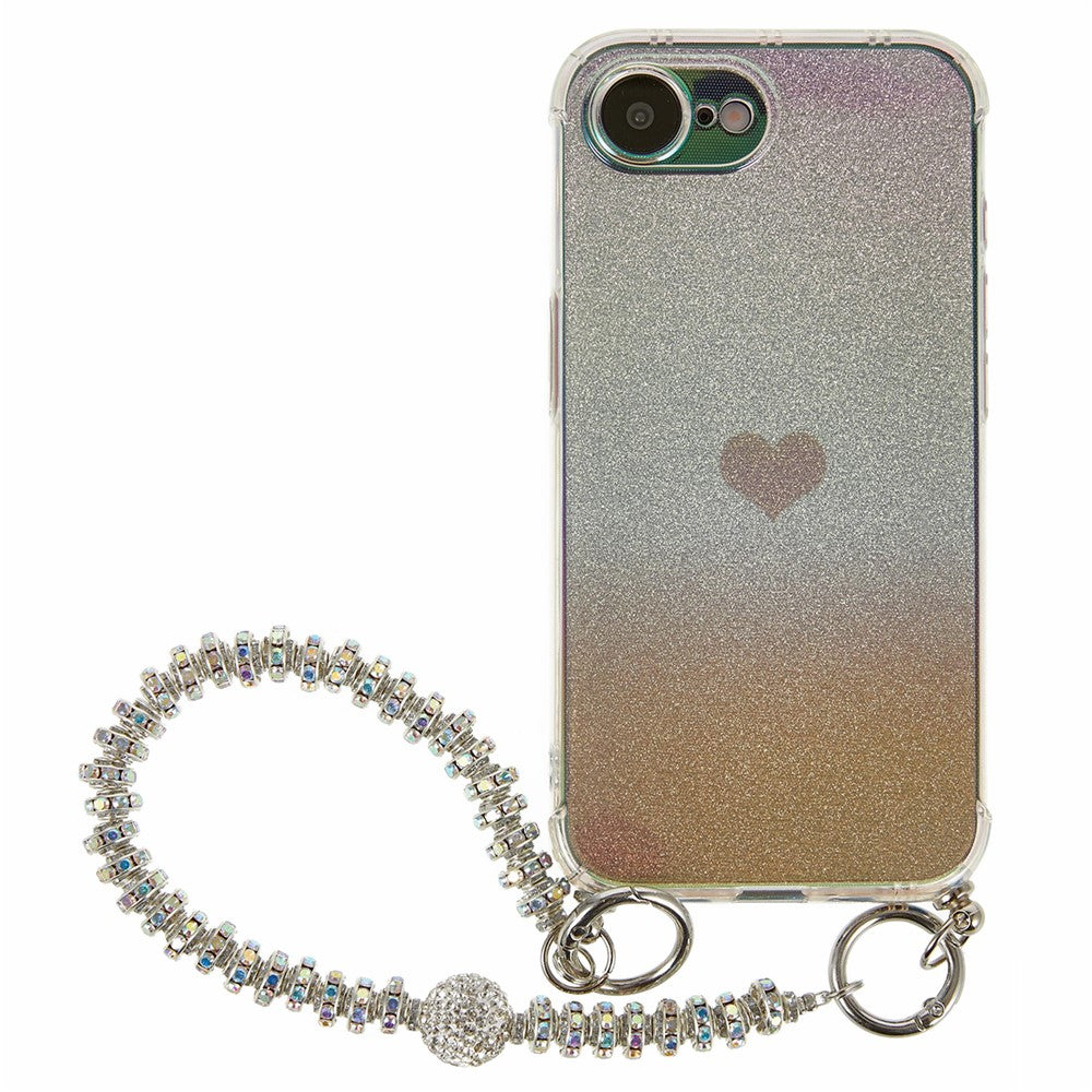 Til iPhone 17e / 16e cover, hjerteglimmer gradient TPU telefonbagcover med rhinstensrem