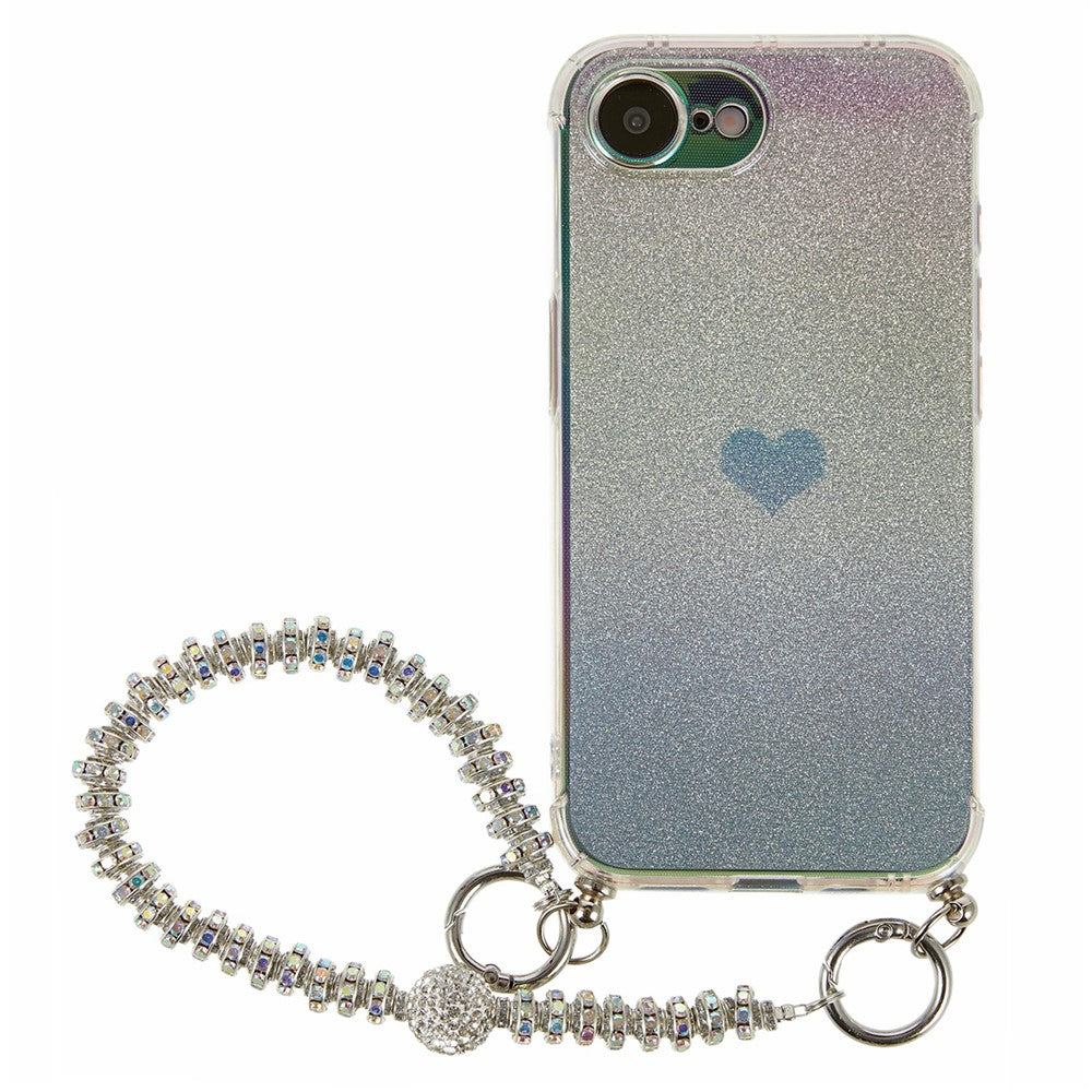 Til iPhone 17e / 16e cover, hjerteglimmer gradient TPU telefonbagcover med rhinstensrem