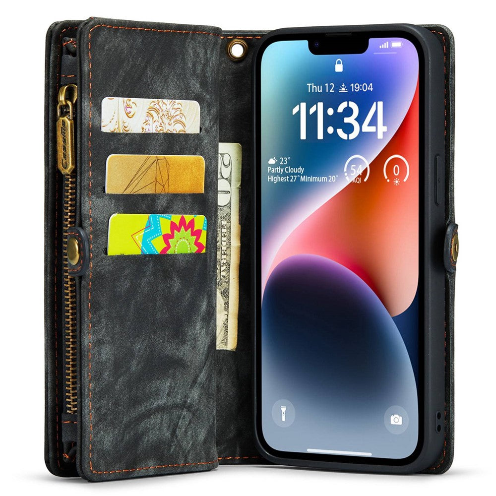 CASEME 008-serien til iPhone 14 PU-læder lynlåslomme aftageligt magnetisk telefoncover multifunktionelt pungstativcover med strop