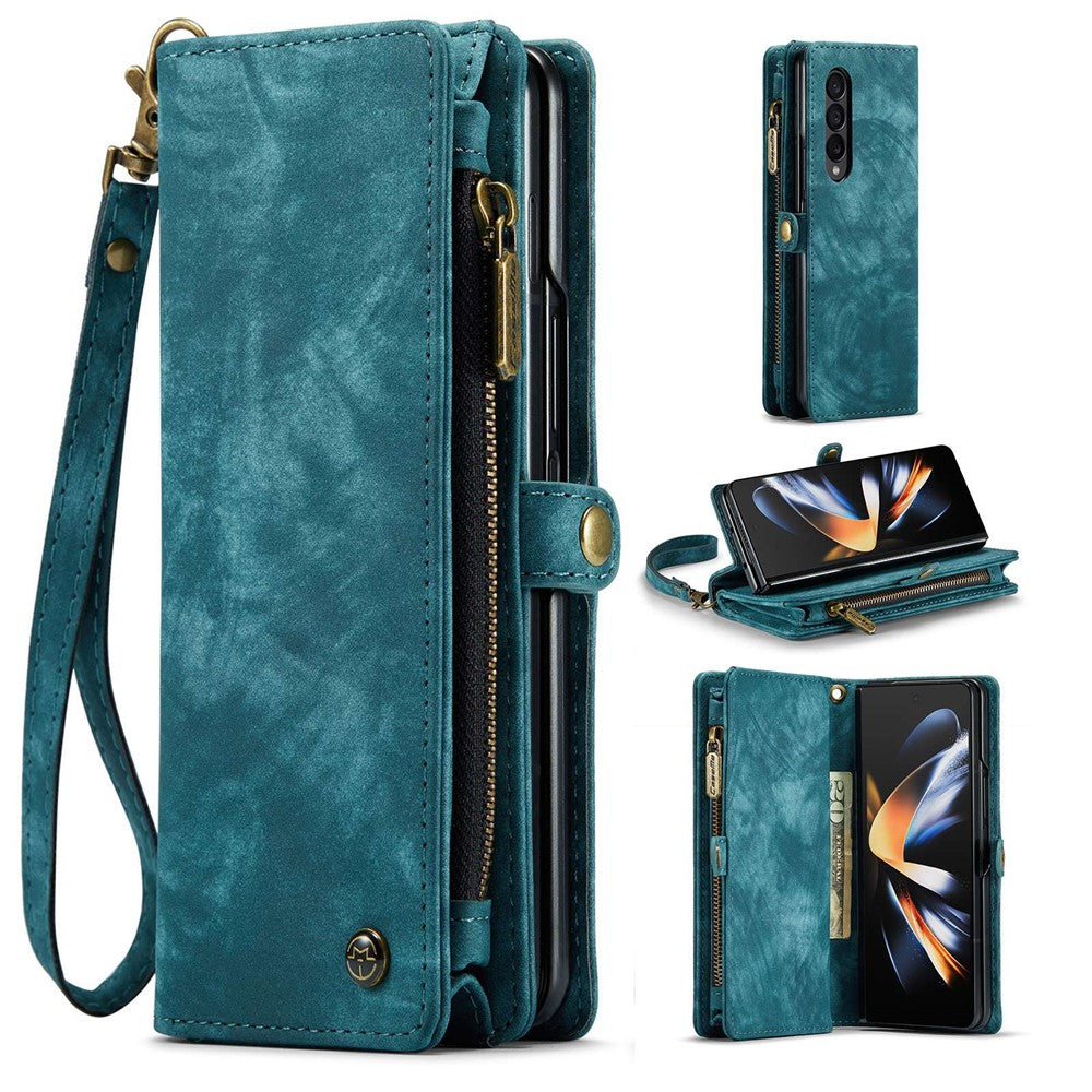 CASEME 008-serien til Samsung Galaxy Z Fold4 5G, aftageligt pungcover i PU-læder med magnetisk lynlås, stativ, foldbart multifunktionelt mobilcover med rem