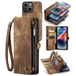 CASEME 008 Series for iPhone 14 Plus PU Leather Detachable Magnetic Handbag Phone Case Multi-Functional Zipper Pocket Wallet Stand Cover with Strap