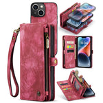 CASEME 008 Series for iPhone 14 Plus PU Leather Detachable Magnetic Handbag Phone Case Multi-Functional Zipper Pocket Wallet Stand Cover with Strap