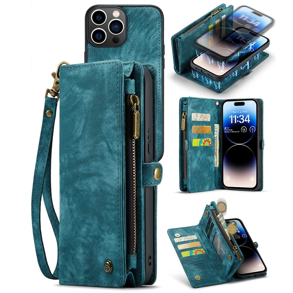 CASEME 008-serien til iPhone 14 Pro Max Multifunktionel Aftagelig Magnetisk Telefoncover PU-læder Stander Lynlåslomme Pungcover med Rem