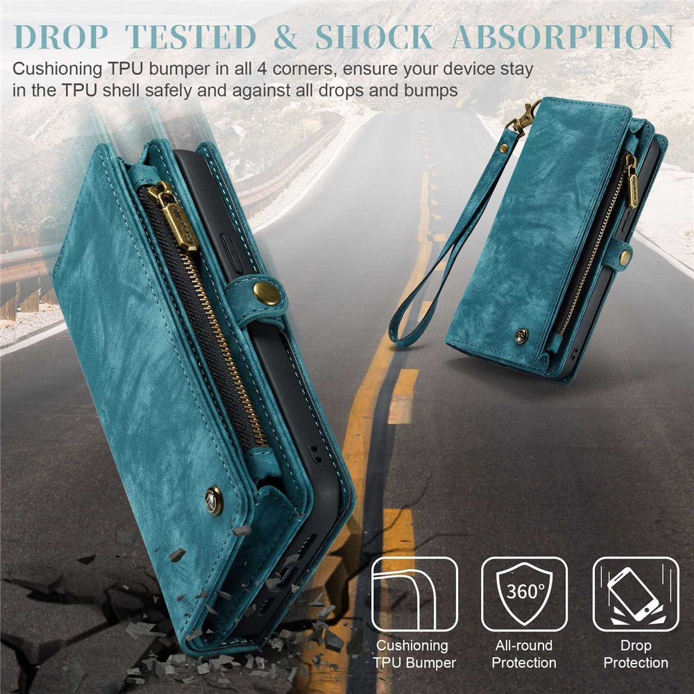 CASEME 008 Series for iPhone 14 Pro Max Multi-Functional Detachable Magnetic Phone Case PU Leather Stand Zipper Pocket Wallet Cover with Strap