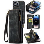 CASEME 008 Series for iPhone 14 Pro Max Multi-Functional Detachable Magnetic Phone Case PU Leather Stand Zipper Pocket Wallet Cover with Strap