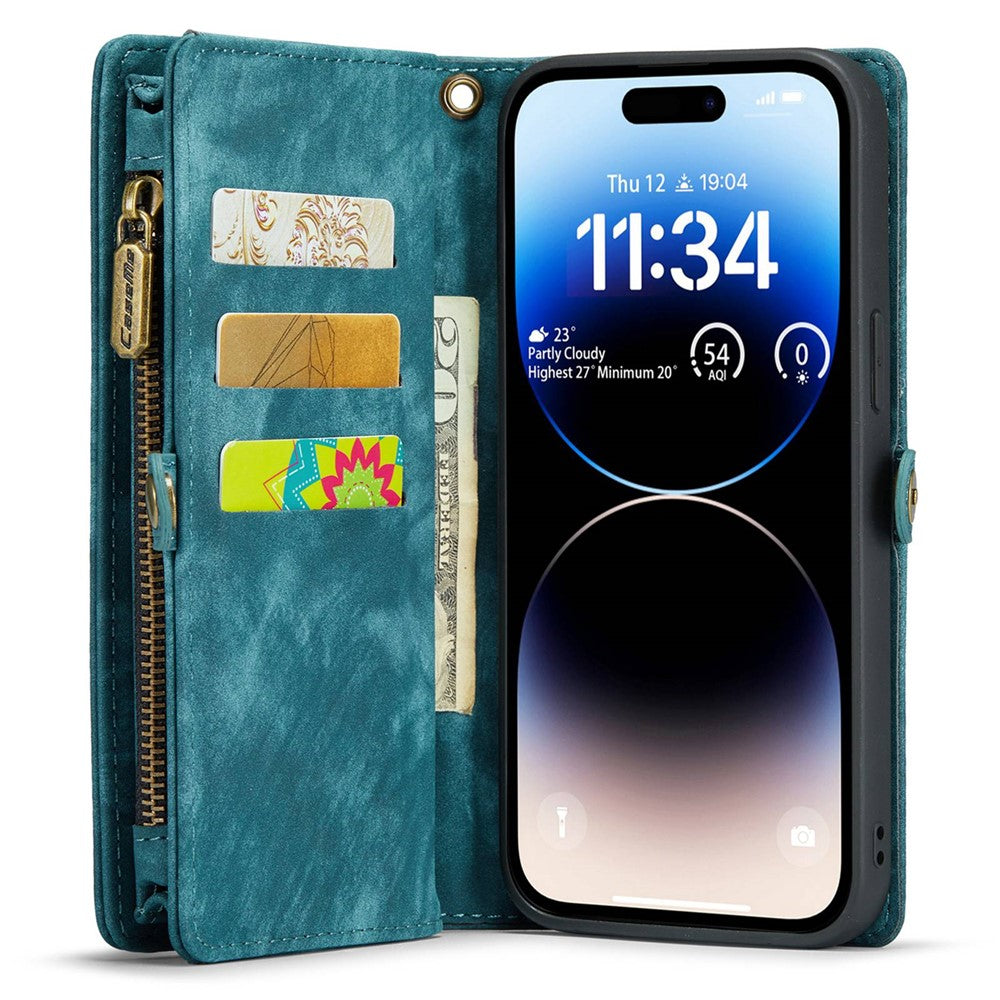CASEME 008 Series for iPhone 14 Pro Multi-Functional PU Leather Flip Cover Detachable Magnetic Zipper Wallet Case with Stand Function