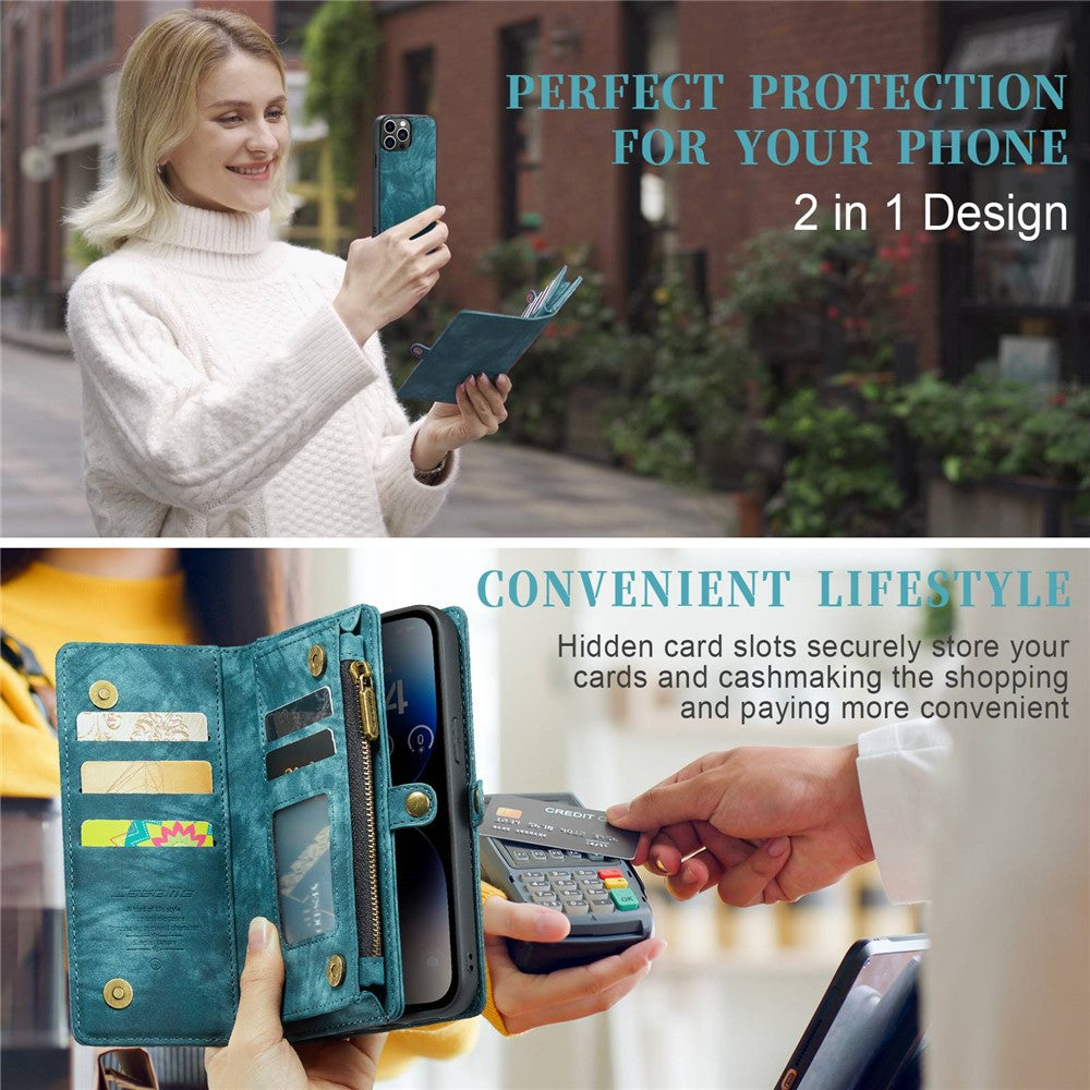CASEME 008 Series for iPhone 14 Pro Multi-Functional PU Leather Flip Cover Detachable Magnetic Zipper Wallet Case with Stand Function