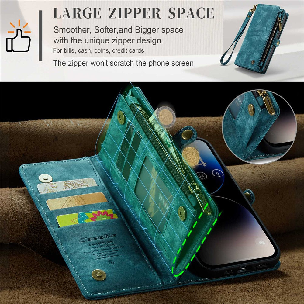 CASEME 008 Series for iPhone 14 Pro Multi-Functional PU Leather Flip Cover Detachable Magnetic Zipper Wallet Case with Stand Function