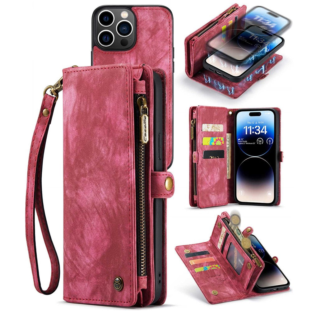 CASEME 008 Series for iPhone 14 Pro Multi-Functional PU Leather Flip Cover Detachable Magnetic Zipper Wallet Case with Stand Function