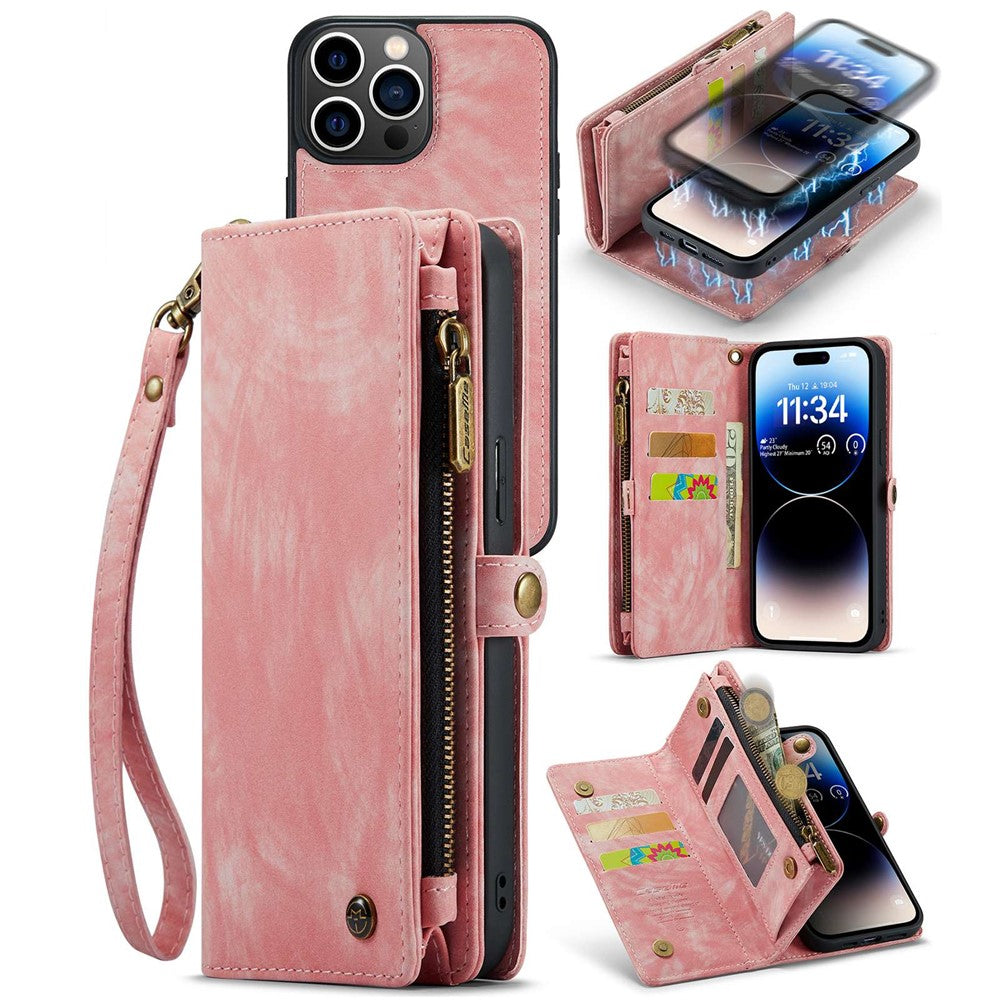 CASEME 008 Series for iPhone 14 Pro Multi-Functional PU Leather Flip Cover Detachable Magnetic Zipper Wallet Case with Stand Function
