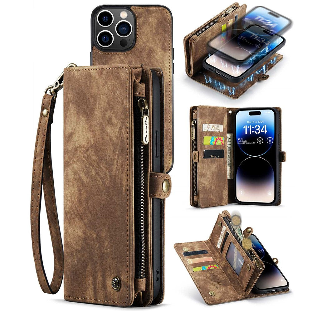 CASEME 008 Series for iPhone 14 Pro Multi-Functional PU Leather Flip Cover Detachable Magnetic Zipper Wallet Case with Stand Function