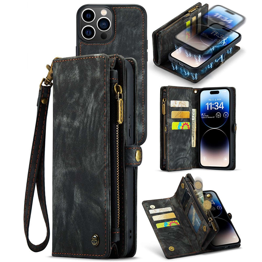 CASEME 008 Series for iPhone 14 Pro Multi-Functional PU Leather Flip Cover Detachable Magnetic Zipper Wallet Case with Stand Function