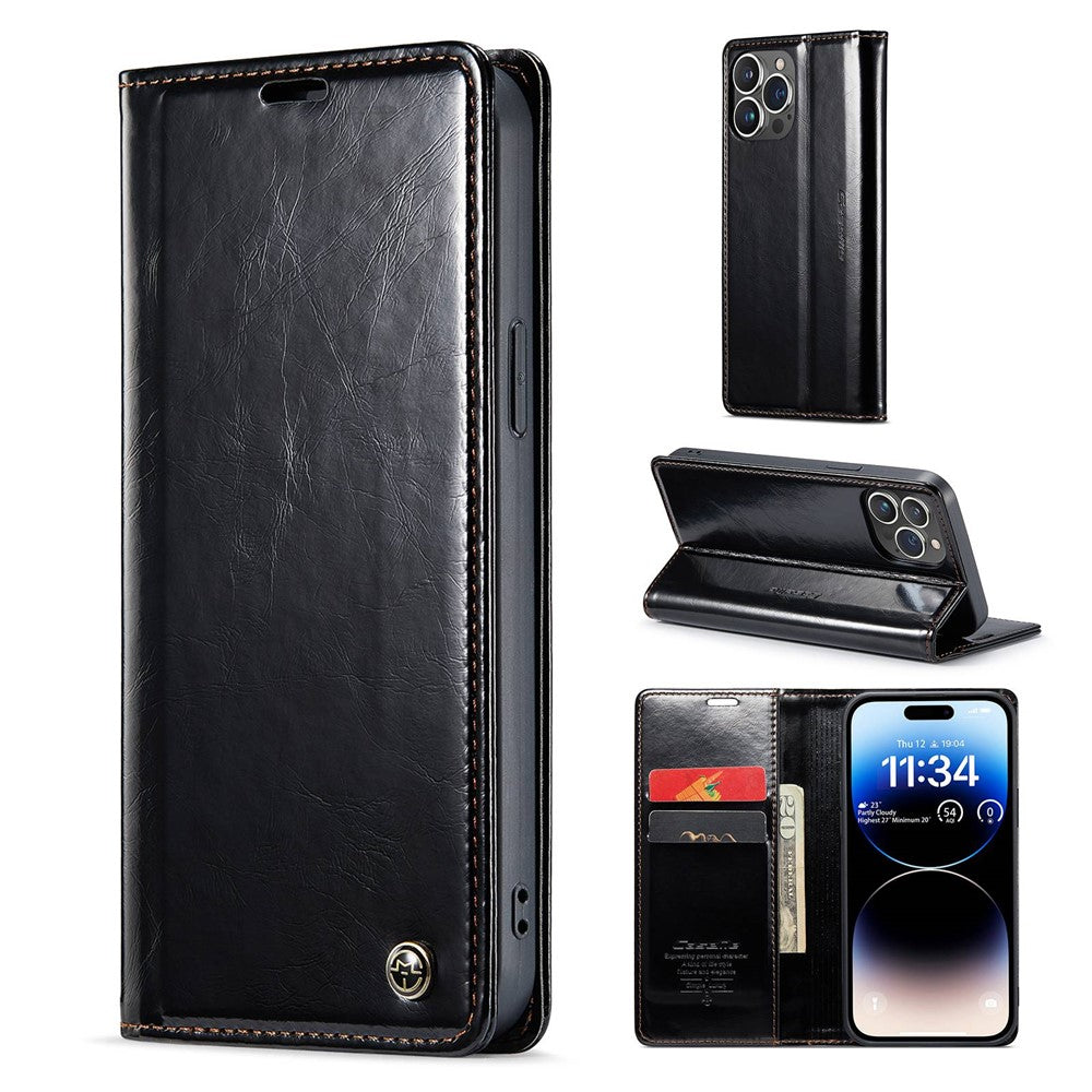 CASEME 003 Series PU-lædertelefoncover til iPhone 14 Pro Max, stødsikkert retro voksagtigt tekstur magnetisk lukning telefoncover standerpung