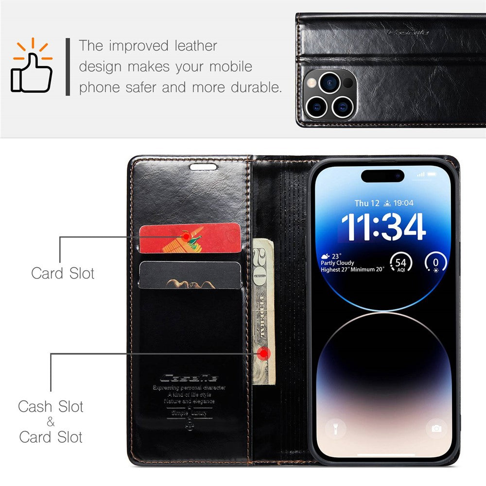 CASEME 003-serie PU-lædercover til iPhone 14 Pro Max, stødsikkert retrocover med vokset tekstur, magnetisk lukning, stativ og pung