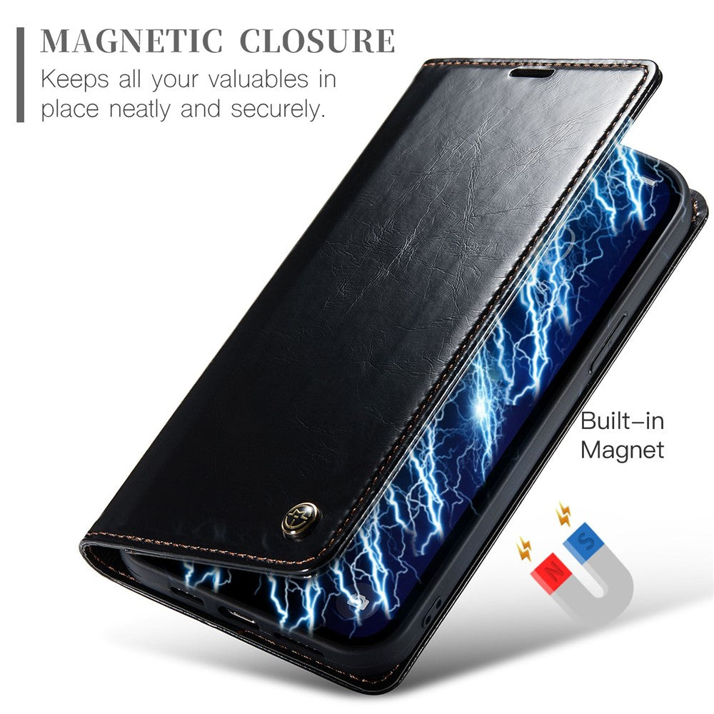 CASEME 003-serie PU-lædercover til iPhone 14 Pro Max, stødsikkert retrocover med vokset tekstur, magnetisk lukning, stativ og pung
