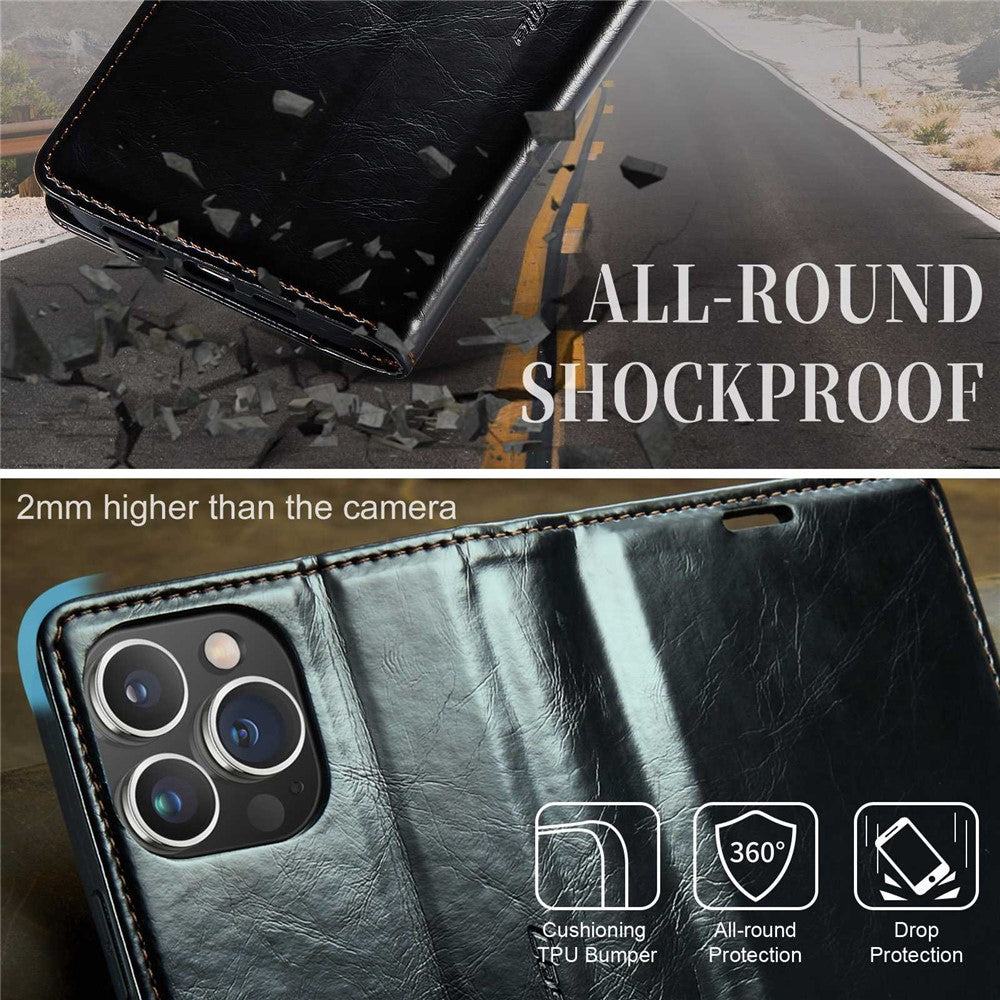 CASEME 003-serie PU-lædercover til iPhone 14 Pro Max, stødsikkert retrocover med vokset tekstur, magnetisk lukning, stativ og pung