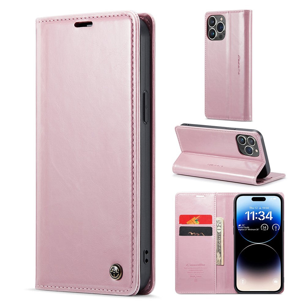 CASEME 003-serie PU-lædercover til iPhone 14 Pro Max, stødsikkert retrocover med vokset tekstur, magnetisk lukning, stativ og pung
