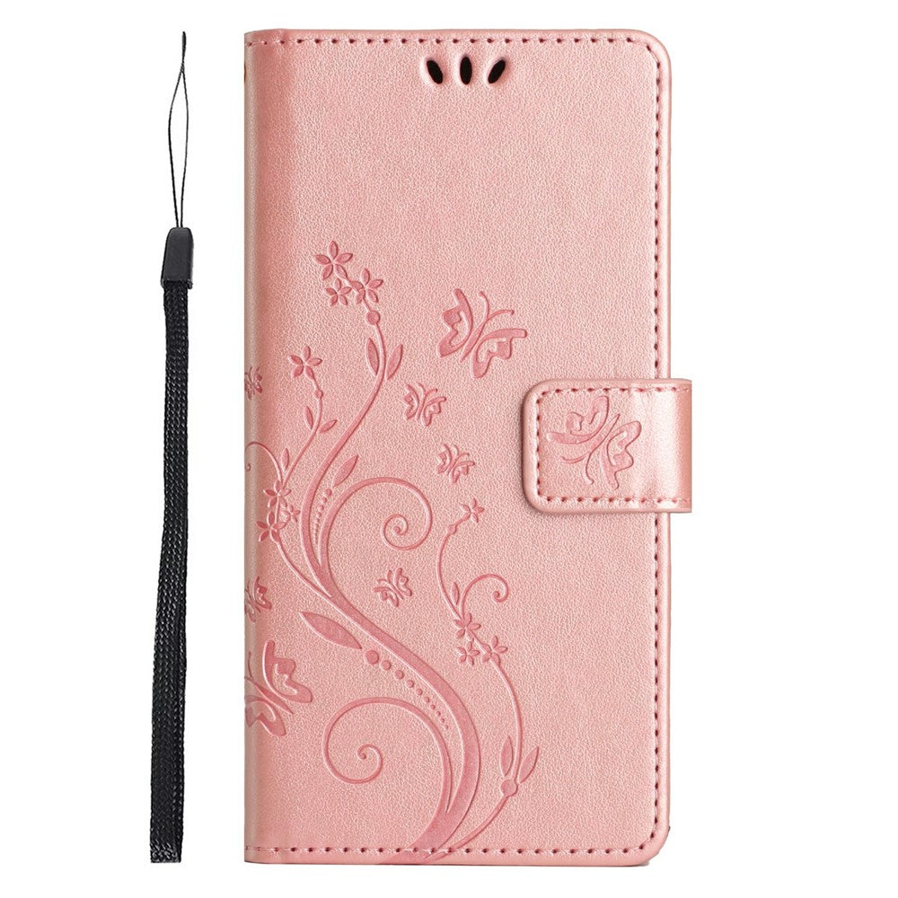 For Xiaomi Redmi Note 14 4G (164.84mm) Leather Wallet Case Butterfly Flower Imprinted Phone Cover with Strap