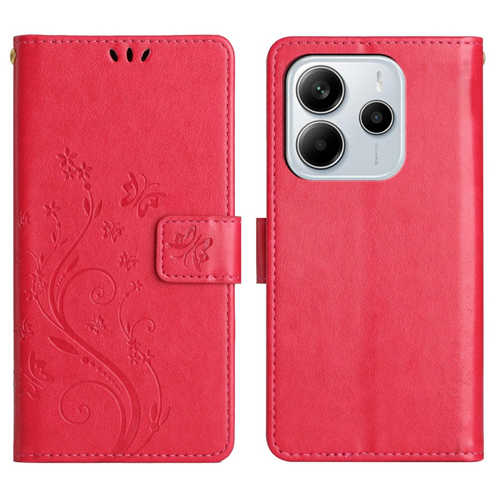 Xiaomi Redmi Note 14 4G (164,84 mm) Läderplånboksfodral med fjärilsblomma och rem