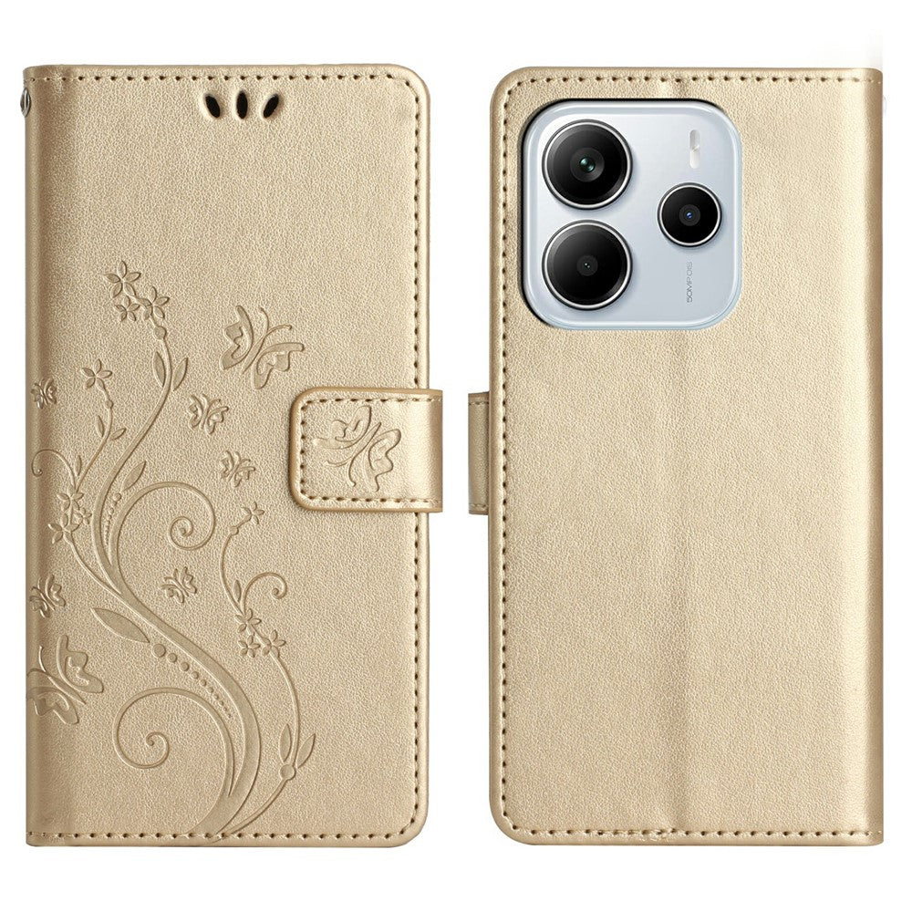 Xiaomi Redmi Note 14 4G (164,84 mm) Läderplånboksfodral med fjärilsblomma och rem