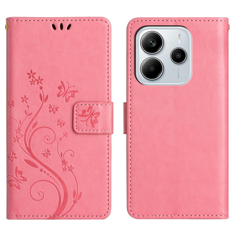 Xiaomi Redmi Note 14 4G (164,84 mm) Läderplånboksfodral med fjärilsblomma och rem