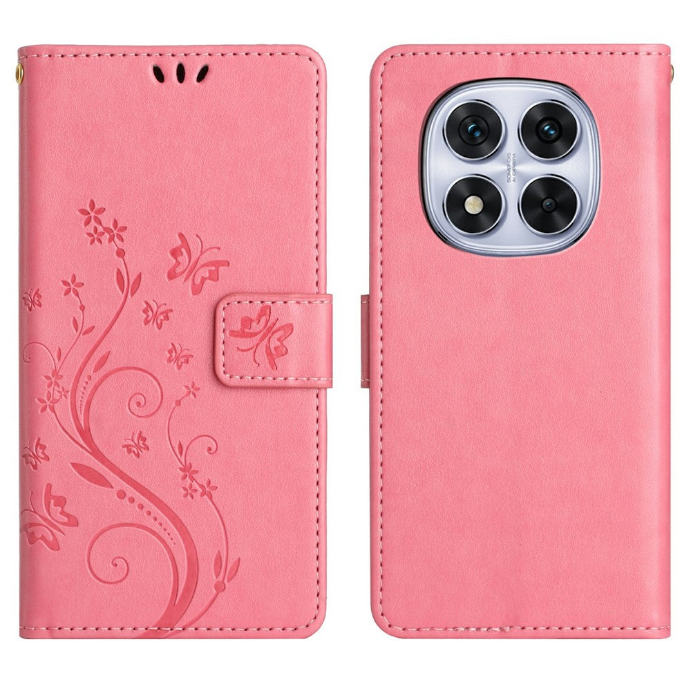 For Xiaomi Redmi Note 14 Pro 4G Leather Wallet Case Butterfly Flower Imprinted Phone Cover with Strap