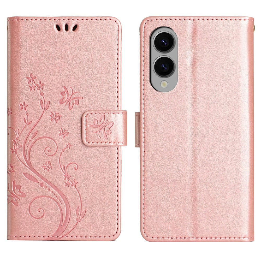 For Samsung Galaxy S25 Edge Leather Wallet Case Butterfly Flower Imprinted Phone Cover with Strap