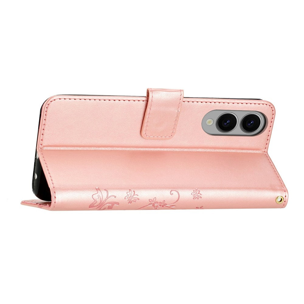For Samsung Galaxy S25 Edge Leather Wallet Case Butterfly Flower Imprinted Phone Cover with Strap