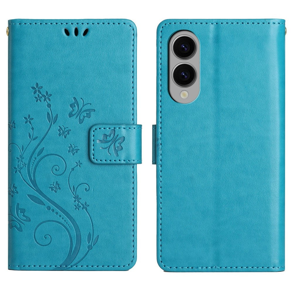 For Samsung Galaxy S25 Edge Leather Wallet Case Butterfly Flower Imprinted Phone Cover with Strap
